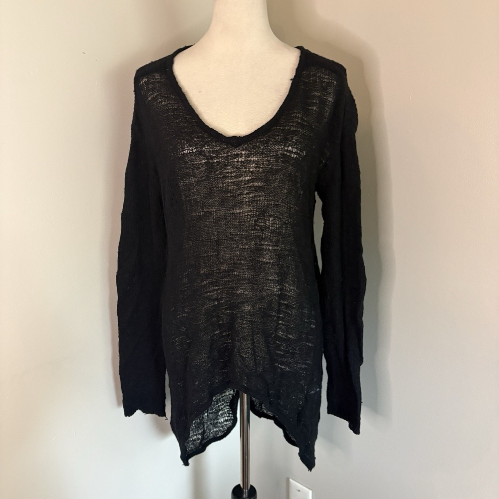 HELMUT LANG Black Wool Uneven Stitch Open Knit Asymmetric Sweater Top Small S